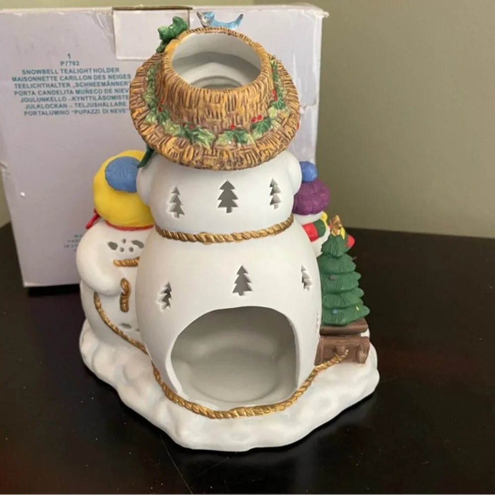 Retired Partylite P7702 Snowbell Snowman Family Ceramic Tealight Holder